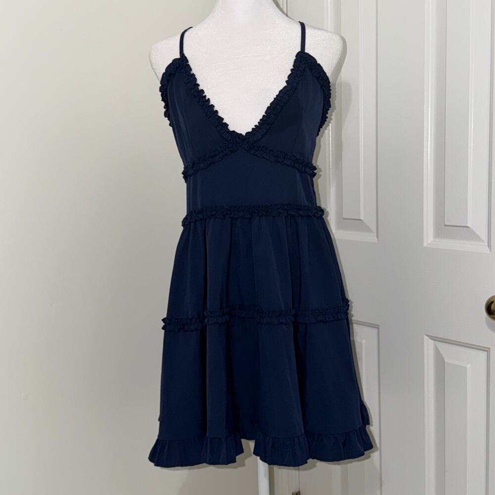 Navy Blue Ruffle Tiered V-Neck Mini Dress